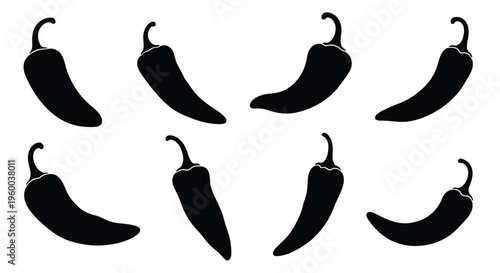 A collection of black silhouette chili peppers arranged on a white background