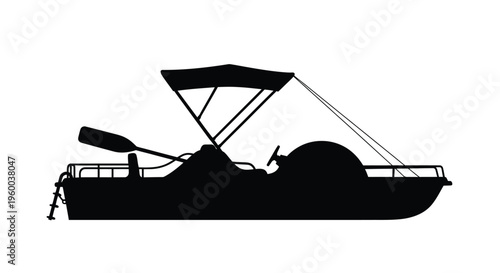 Silhouette of a small boat with a canopy and outboard motor