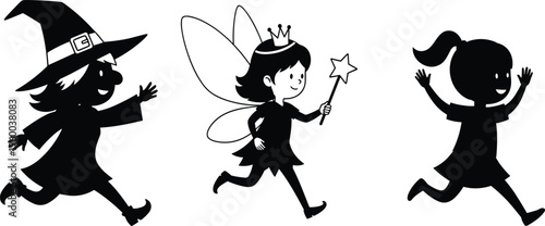 Children costume silhouette collection, witch outline figure, fairy motif illustration, playful icon art, festive design graphic, joyful posture symbol image