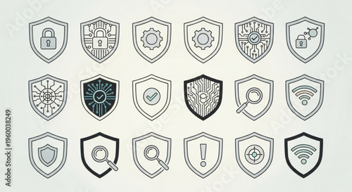 Collection of cybersecurity icons featuring shields with various security symbols and warnings