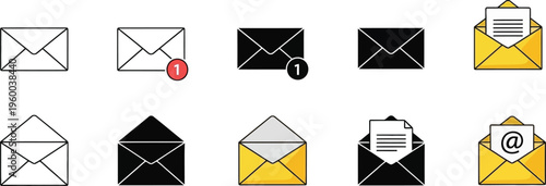 Email envelope icons set with notification and message states vector illustration