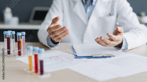 Medical professional discussing test results in laboratory setting