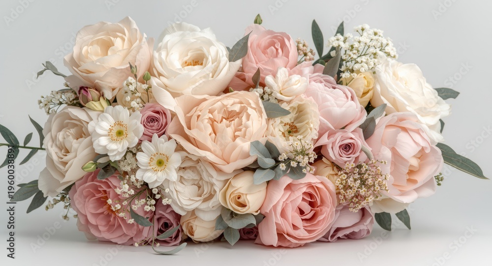 Fototapeta premium Pastel peonies and roses arrangement on white backdrop