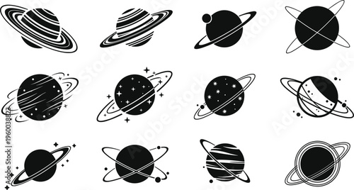 Planet silhouette collection, celestial outline figure, space motif illustration, astronomy icon art, cosmic design graphic, orbit posture symbol image
