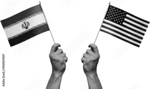 Flags in Hand: Two hands proudly display the flags of Iran and the United States, symbolizing international relations and the interconnectedness of nations.
