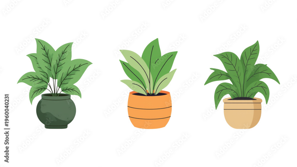 Fototapeta premium Collection of Flat Vector Potted Houseplants with Lush Green Foliage for Home Decor