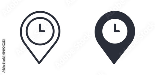 Location time icon set, map pin clock navigation schedule symbol, outline and solid style. Vector illustration.