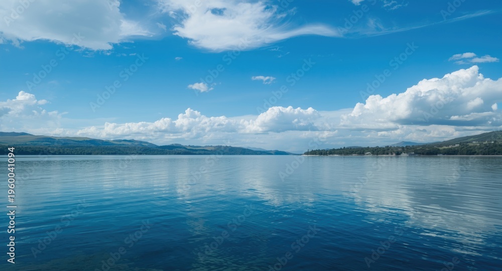 Obraz premium Fantastic wallpaper featuring a calm lake landscape with soft white clouds under a blue sky background