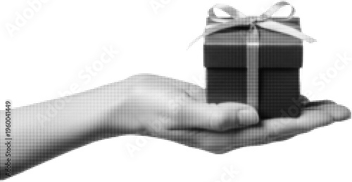Gift in Hand: A poised hand delicately presents a neatly wrapped gift box tied with a graceful ribbon. Captured in monochrome, the image exudes an air of anticipation and thoughtfulness.