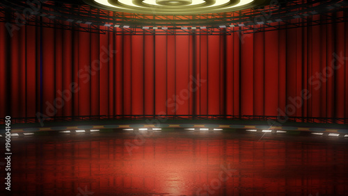 Virtual theatre stage background, with red curtain. A 3D render, ideal for live performances, shows or events. A graphics backdrop suitable on VR system sets, with green screen