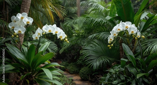 Lush tropical garden with white orchids highlighting spring and winter for agricultural postcard concepts