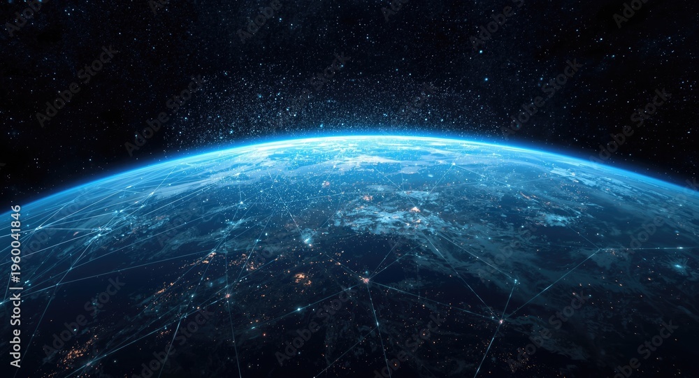 Obraz premium Outer space view of Earth surrounded by a network of AI generated data