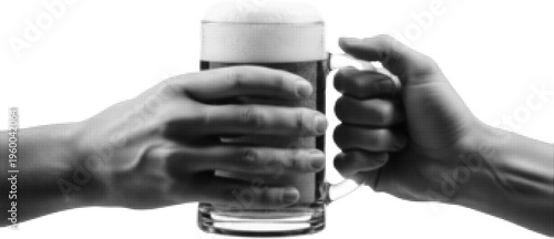 Cheers and camaraderie: Two hands are captured in a gesture of celebration, raising a frosty mug of beer in a moment of shared enjoyment. A celebration of friendship. 