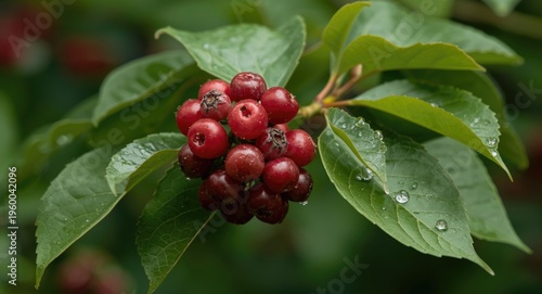 Red dogwood berries cluster on branch with green leaves highlighted by shallow depth