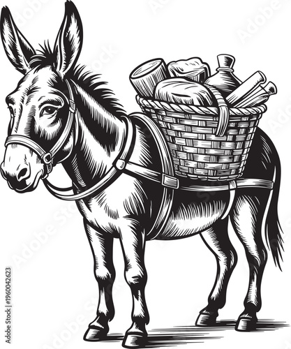 Donkey with basket loaded with goods, standing black and white