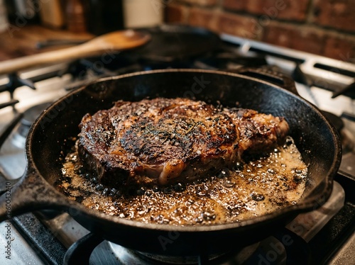 Thick beef steak frying in a seasoned cast iron pan