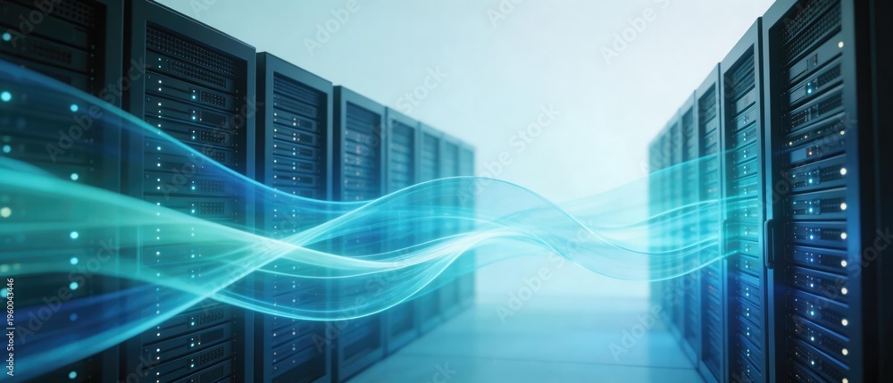 Fototapeta premium Modern enterprise data center server corridor with high speed data flow network connection and cloud computing infrastructure technology background, idea for IT infrastructure and digital storage