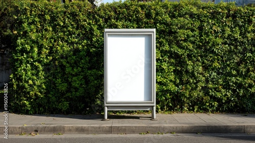 Outdoor street signage mock up template featuring clean white panel and vibrant foliage background