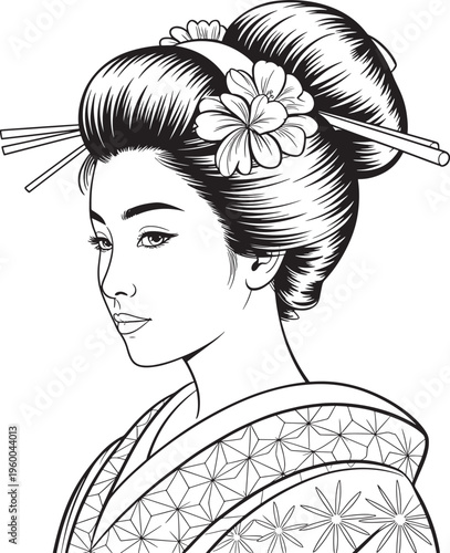 Geisha side portrait with traditional Japanese hairstyle and kimono