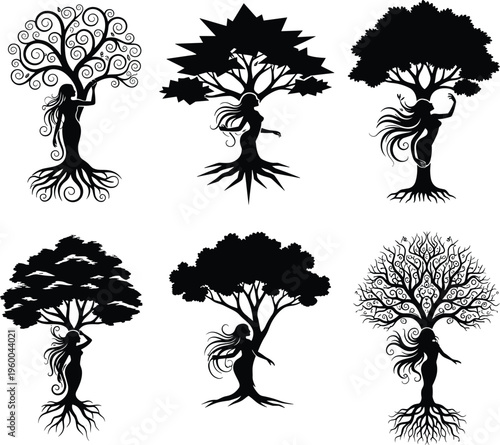 Human tree illustration, fantasy nature spirit artwork, mystical forest goddess design, surreal transformation art, symbolic growth unity