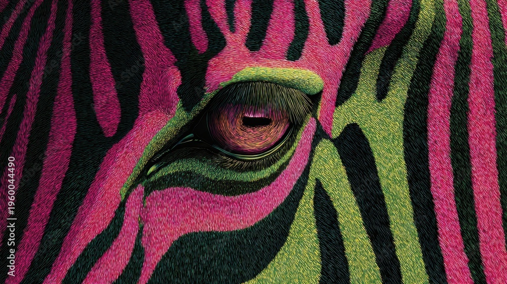 Fototapeta premium Zebra eye displaying neon striped fur in dark closeup