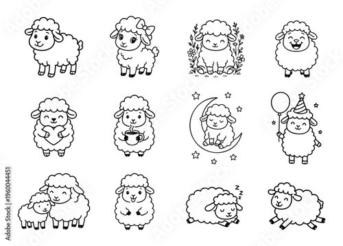 Cute Sheep Coloring Bundle. Cartoon Lamb Collection