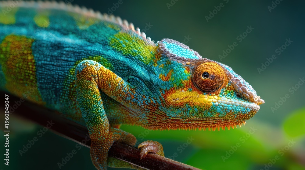 Obraz premium Vivid chameleon macro shot highlighting gradient colors and intricate scale patterns