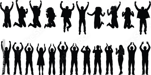 Jumping people silhouettes, group celebration poses, professional teamwork success, unity diversity concept, office lifestyle motivation, career growth achievement