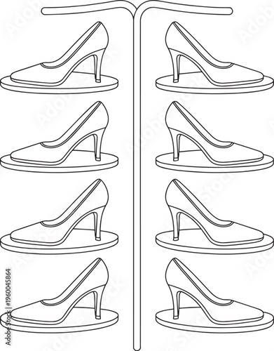 high heels on shoe rack symmetrical arrangement