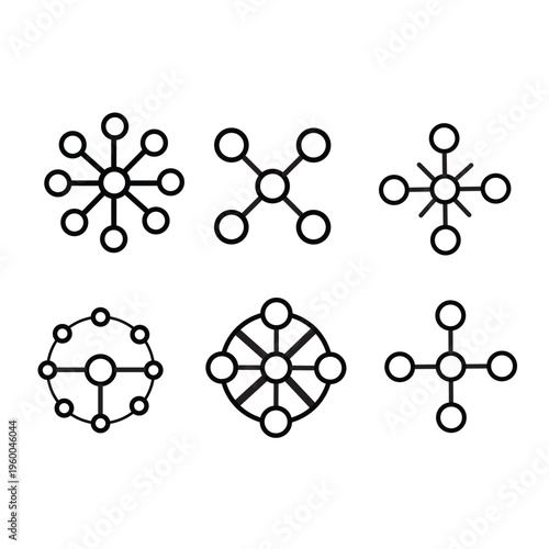 Six different molecular structures represented as star and ring graphs Vector