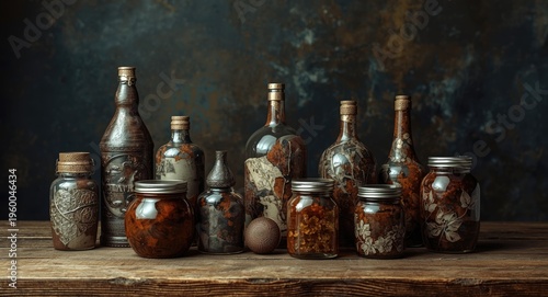 rustic wooden table holding various artistic bottles and jars generated through AI creative technology