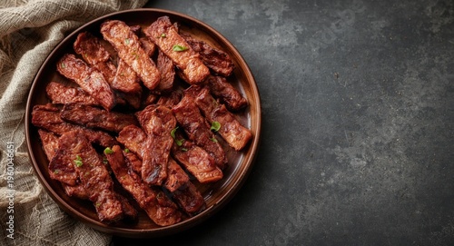 Rustic flat plate holds perfectly arranged BBQ dried meat strips as a classic snack