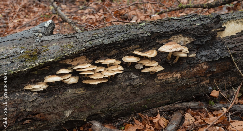 Fototapeta premium Shelf mushroom formations on damaged fallen tree surrounded by forest floor