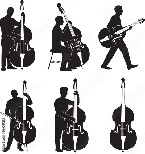 Musicians playing various stringed instruments silhouettes art