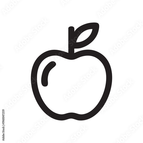 Simple black and white line drawing of an apple with a leaf on top Vector