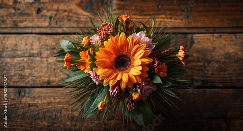 eye catching floral centerpiece on textured wooden surface with warm lighting