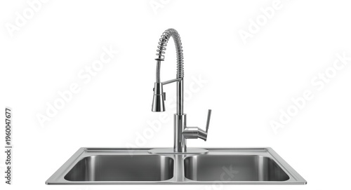 heavy duty metal kitchen sink outfitted with touchless faucet isolated on white background