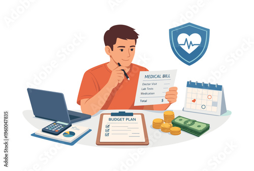 Personal healthcare cost management scene showing an individual reviewing medical expenses and planning a budget for treatments and services, with a character analyzing a