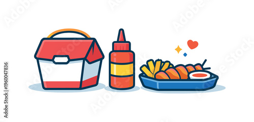 Local street food stop inspired by everyday cultural habits of grabbing a quick bite from neighborhood vendors, a simple takeaway box paired with a small sauce bottle and a compact