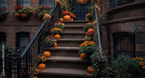 Fall decorated brownstone stairway with vibrant flowers and pumpkin accents
