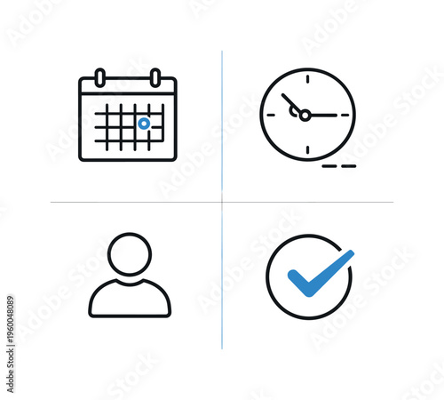 Online booking and reservation process in a clean service system focused on convenience, scheduling, and confirmation, a calendar representing date selection, a clock indicating