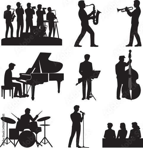 Silhouettes of musicians playing various instruments art