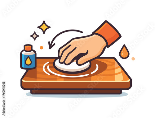 French polishing technique for high gloss wood finishing in fine furniture restoration craftsmanship, a smooth wooden surface with a small polishing pad applying circular motion