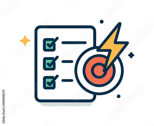 Goal oriented productivity and task completion focused on achieving results efficiently in daily routines, a checklist combined with a target and a small lightning bolt creating a