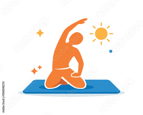 Morning stretching routine influenced by simple wellness traditions and mindful body care habits before starting the day, a human silhouette in stretch pose paired with a small sun