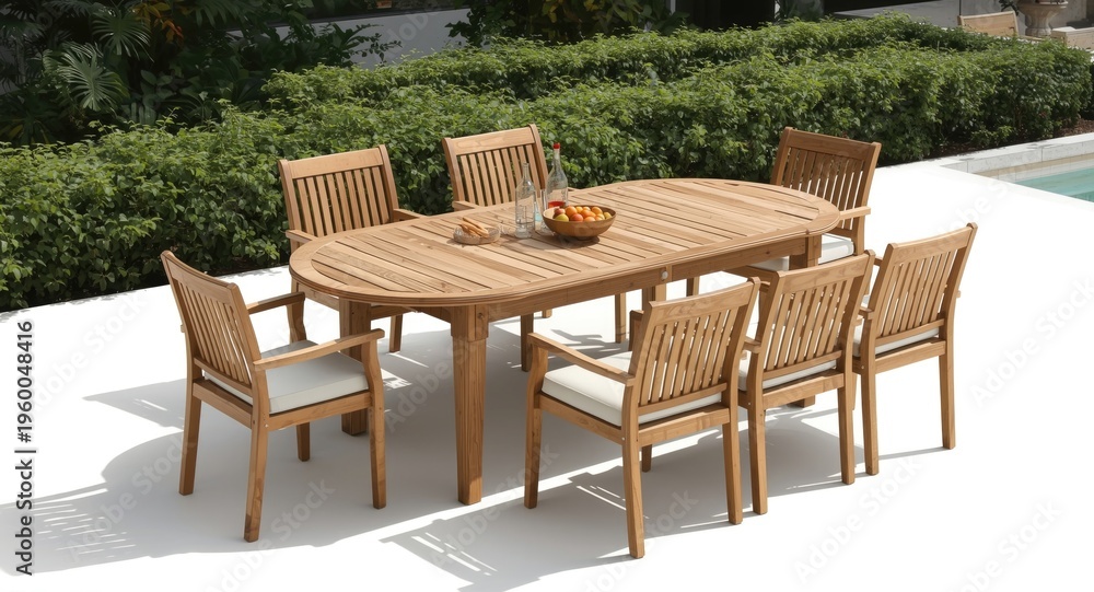 Fototapeta premium Inviting teak wood outdoor dining set with oval table and coordinated chairs on white