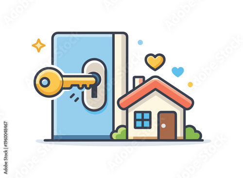 Unlocking the front door when arriving home as part of a familiar everyday moment emphasizing safety and personal space, a door with a key and a small home symbolizing access and
