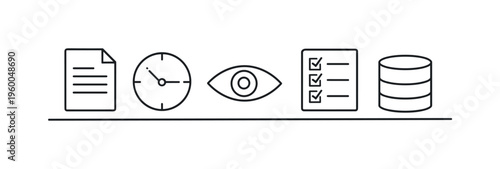 Account activity logging and audit trail monitoring for maintaining transparency and tracking changes in digital systems, document, clock, eye, checklist sheet, and database