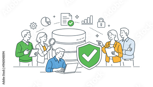 A data governance and quality management scene showing analysts and managers ensuring accuracy and consistency together around a large database stack and a simple checkmark badge