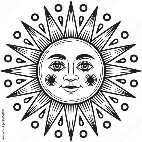 whimsical sun face illustration with rays and droplets